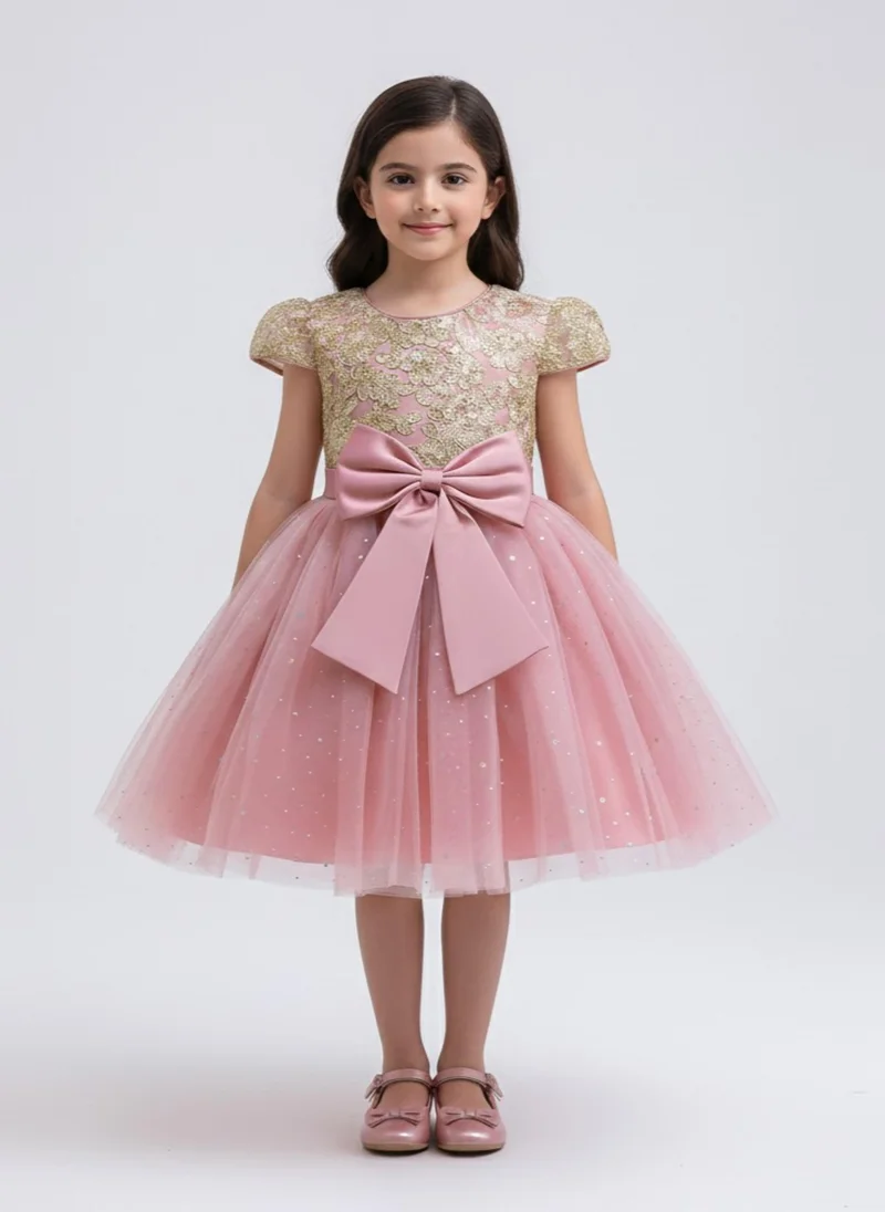 بيبي كلو Girls Pink Glitter Tulle Bow Party Dress
